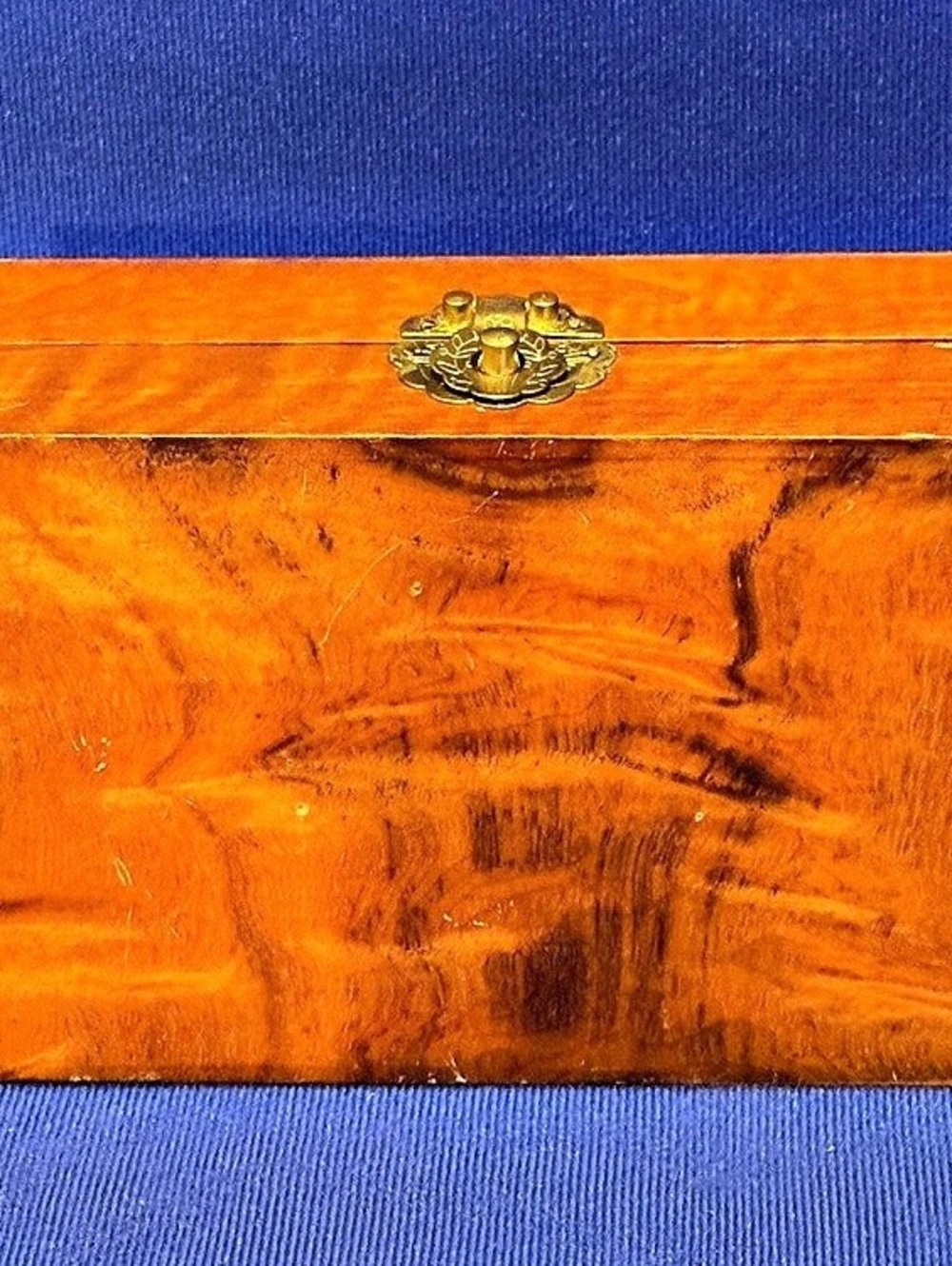 Vintage 1950s Burl Style Wood Jewelry Box Brass Latch Gold Velvet Interior